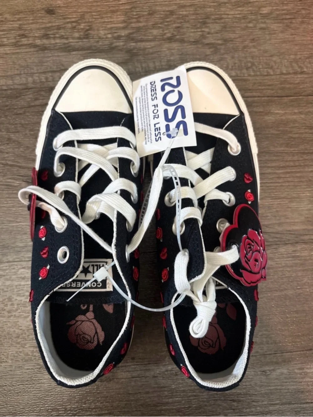 Converse Kids Black Canvas Low Top Sneakers with Red Rose Accents